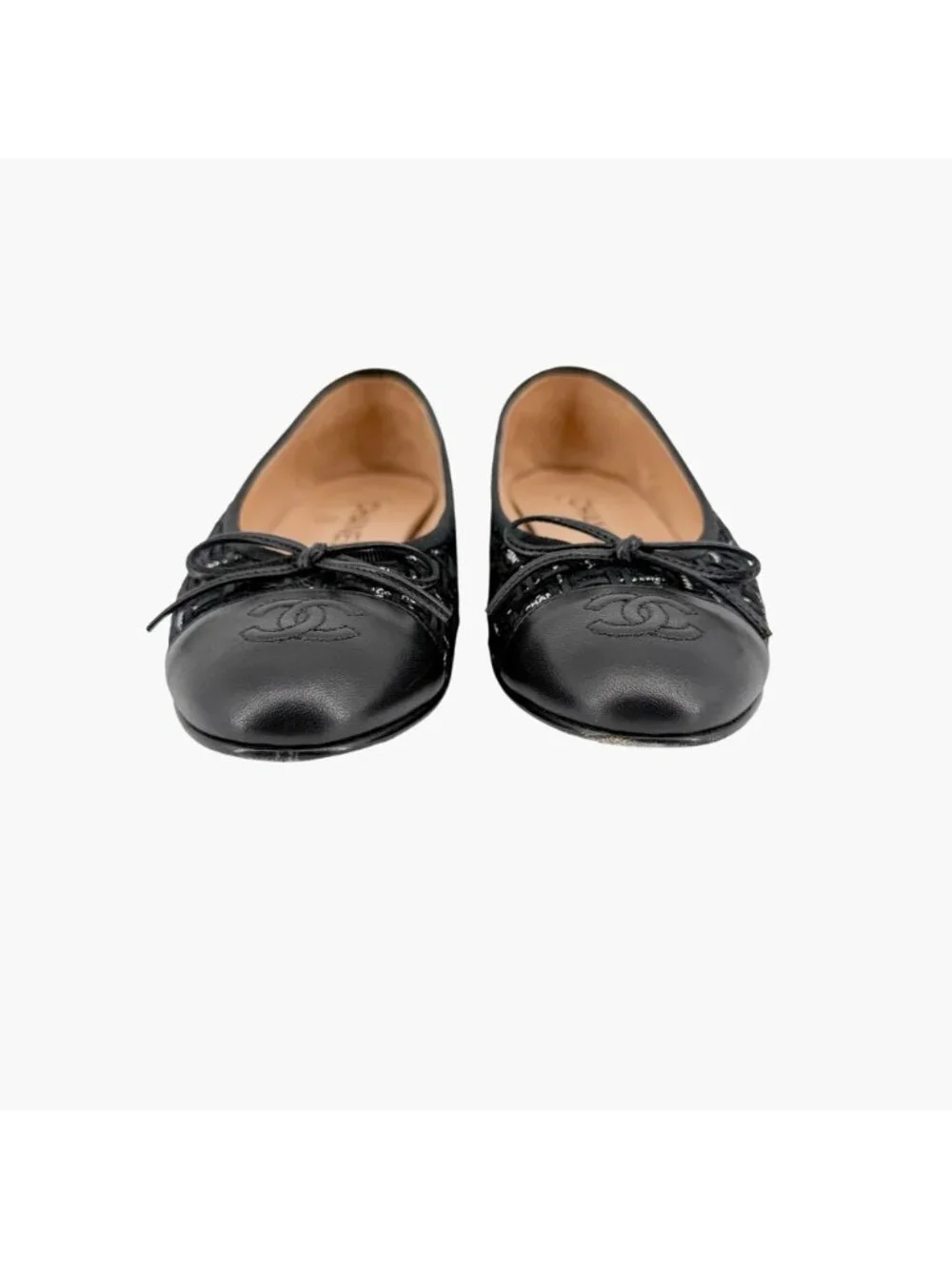 Chanel CC Cap Toe Logo Tweed Ballet Flats Black Leather Size 37 US 6-6.5 Women's - Picture 6 of 15